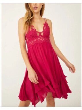 FREE PEOPLE SIZE MEDIUM Adella Lace Ruffle Slip Dress Pink